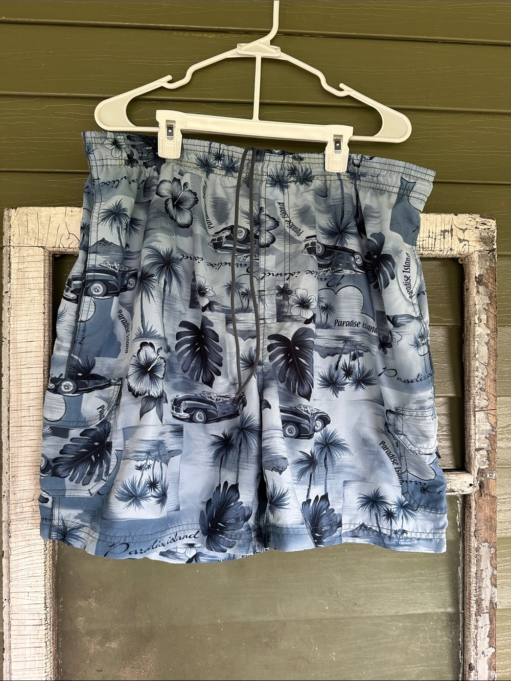 Men's Blue Hawaiian-Print Hybrid Swim Shorts with Drawstring